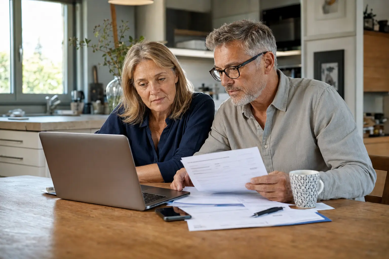 Couple vérifiant ensemble un dossier de retraite
